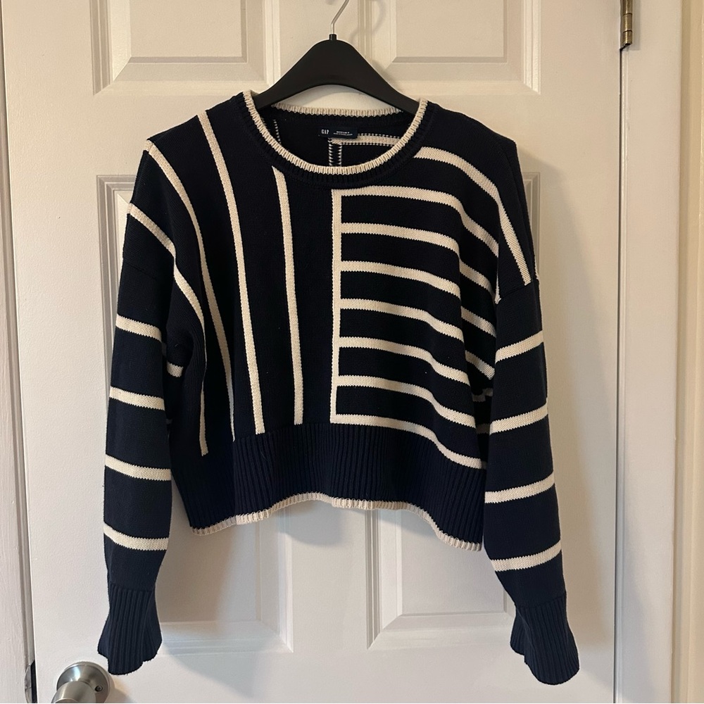 GAP Navy and Cream Striped Crewneck Sweater